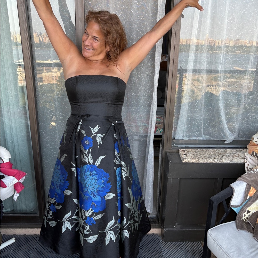 Strapless Black Dress with Blue Floral Design